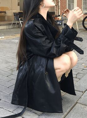 Women's Mid-length Korean Style Fashionable Stand llar Leath