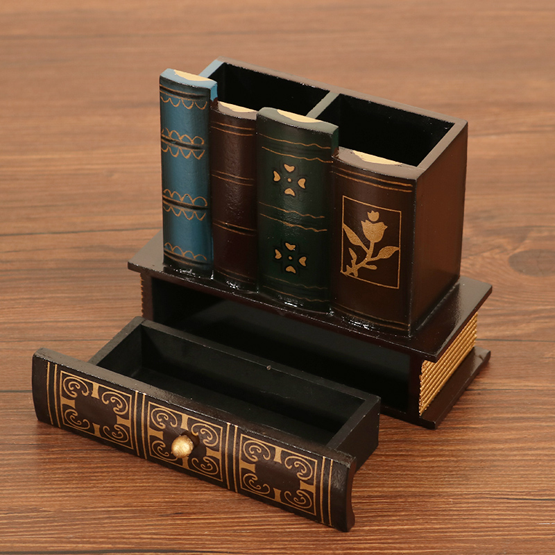 美式复古木质创意笔筒个性学生桌面收纳盒时尚家居书房摆件装饰 - 图0