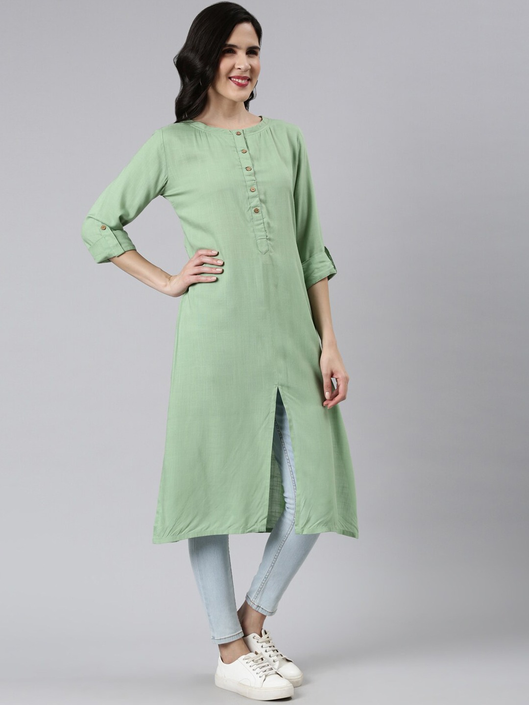 B4-1-2印度女装民族风圆领七分袖中长款上衣绵绸休闲长衫 抹茶色 - 图0