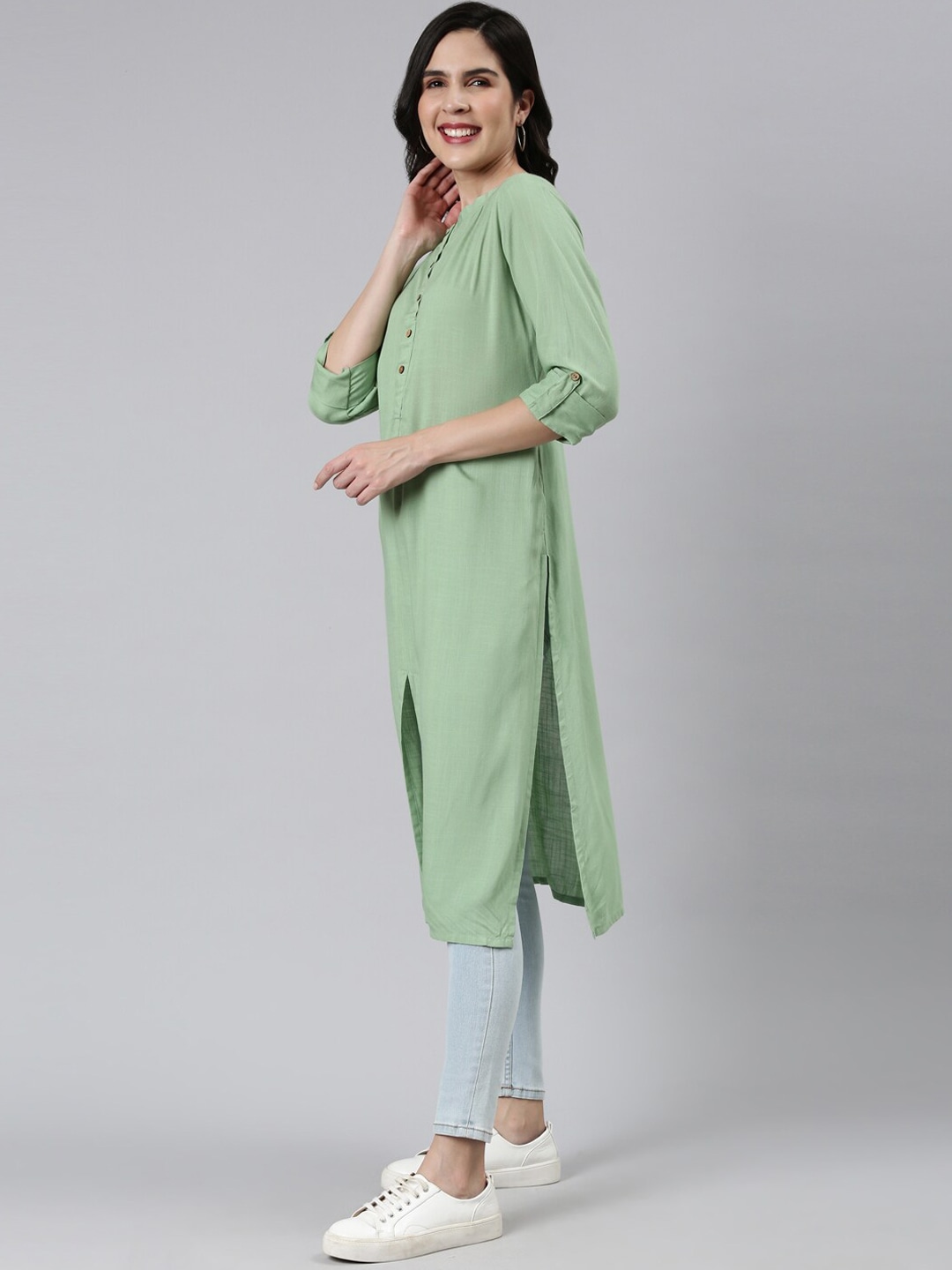 B4-1-2印度女装民族风圆领七分袖中长款上衣绵绸休闲长衫 抹茶色 - 图1