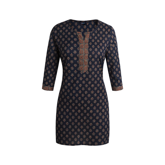 Индийская этническая одежда, женские длинные короткие темно-синие топы с принтом, рукава три четверти, тонкий длинный штапельный хлопок, одежда кута