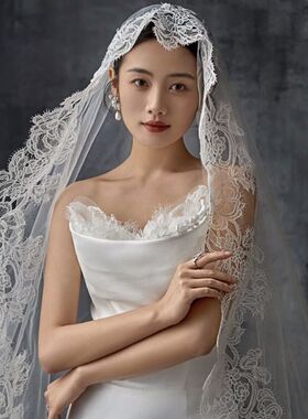 复古蕾丝花边长款拖尾白色头纱