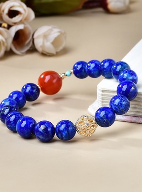 招财护主天然青金石手串南红玛瑙男女款本命年手链情侣礼物