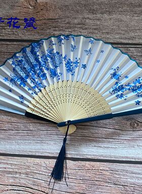 中国风古典折扇手工蓝花布扇礼品