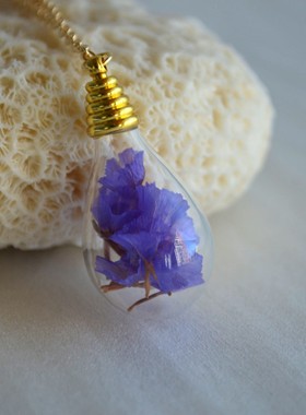 原创紫色勿忘我永生花镀金项链