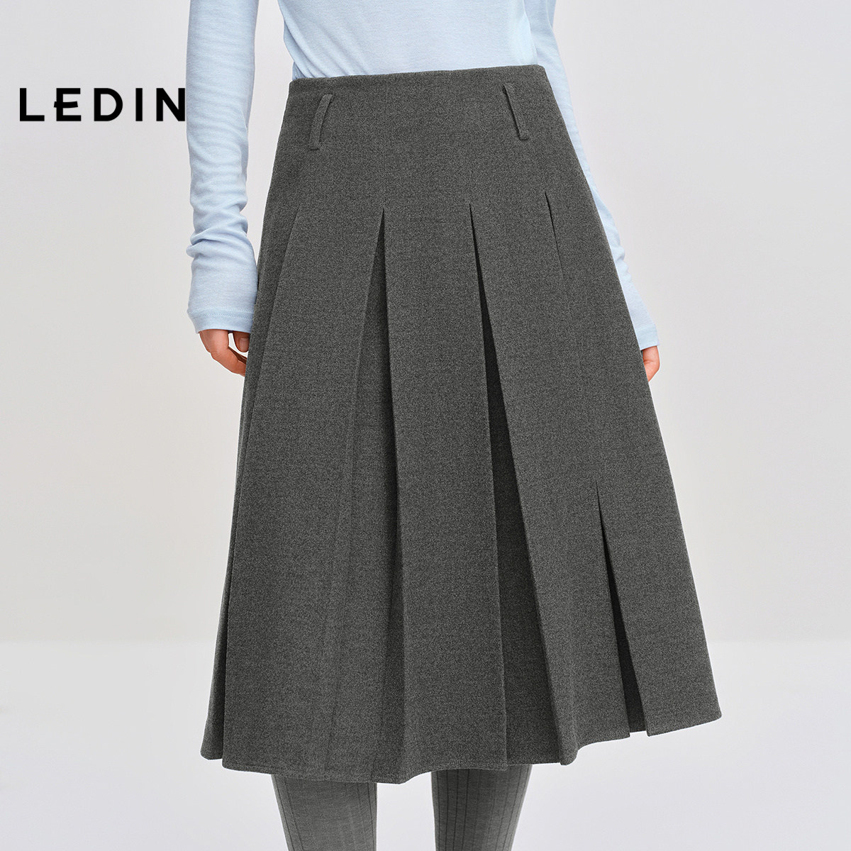 【商场同款】乐町学院风毛呢百褶长裙秋冬格雷系半身裙C1GFF4323