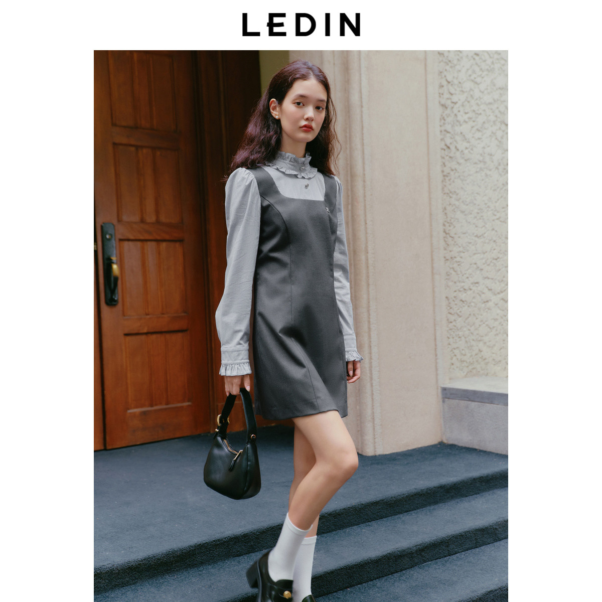 乐町miu系假两件长袖连衣裙秋新款格雷系学院风花边半高领连衣裙