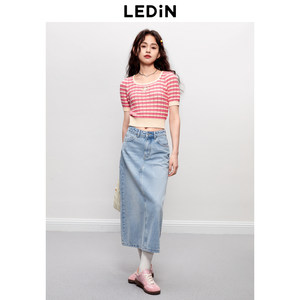 乐町新品U领条纹短袖针织上衣女秋季新款镂空多巴胺短针织衫