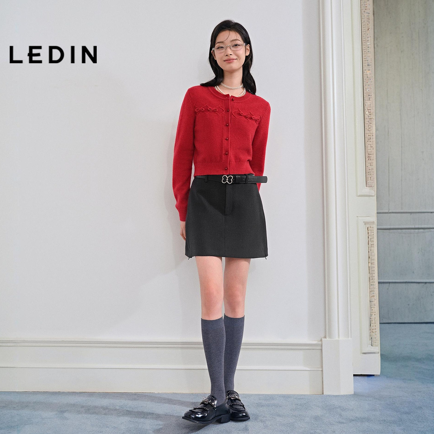 乐町小香风针织开衫冬季新款新年节庆正肩上衣蝴蝶结内搭毛衣