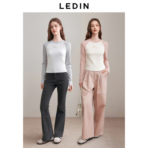 乐町插肩袖T恤女2025春季新款少女感撞色长袖上衣修身显瘦打底衫 - 图0