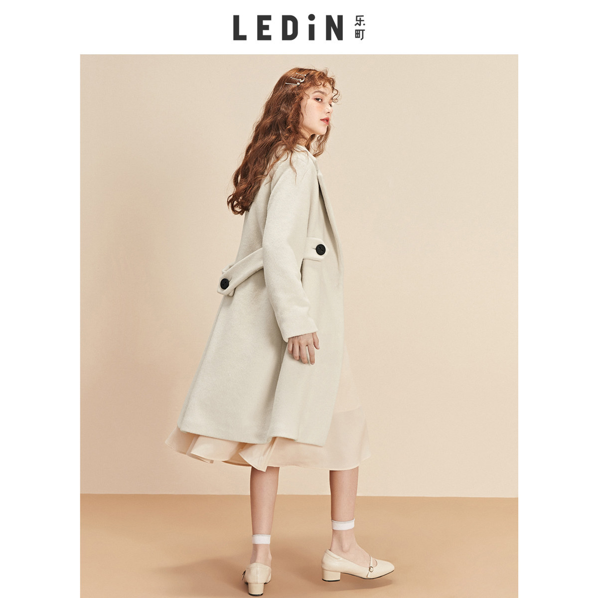 乐町宽腰带收腰2019秋季新款冬大衣 乐町毛呢外套