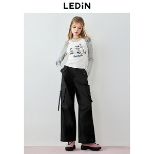 乐町复古休闲涂鸦印花撞色插肩长袖T恤女2024早春新款修身打底衫