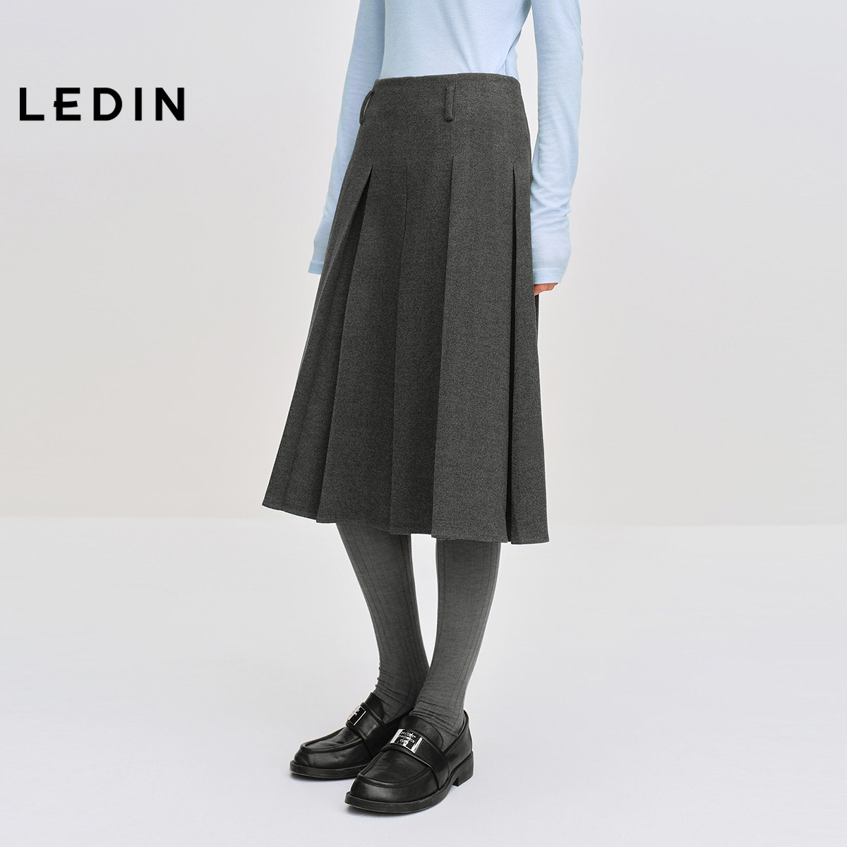 【商场同款】乐町学院风毛呢百褶长裙秋冬格雷系半身裙C1GFF4323