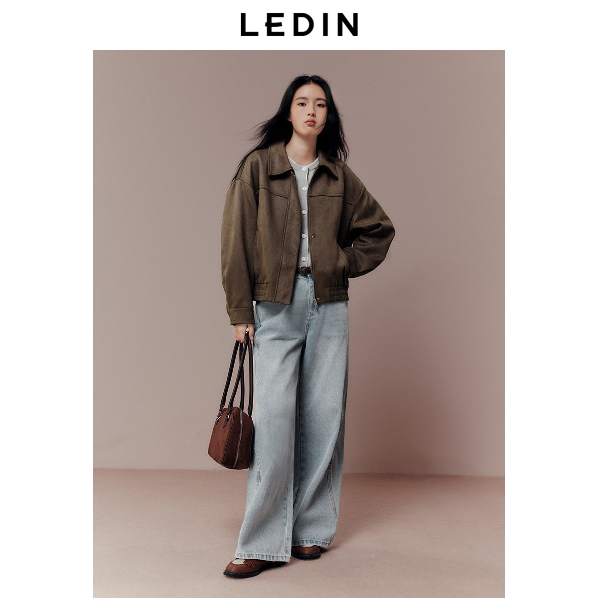 乐町全棉水洗牛仔阔腿裤2025秋季设计感韩系休闲百搭直筒高腰长裤