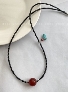 天然黑尖晶石黑色水晶项链个性女