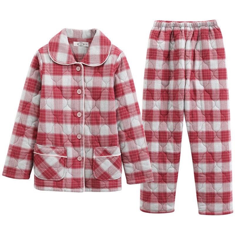 美标三层夹棉加厚保暖纯棉睡衣两件套装女秋冬全棉休闲格子家居服,淘宝优惠券,粉丝福利购,淘宝优惠卷
