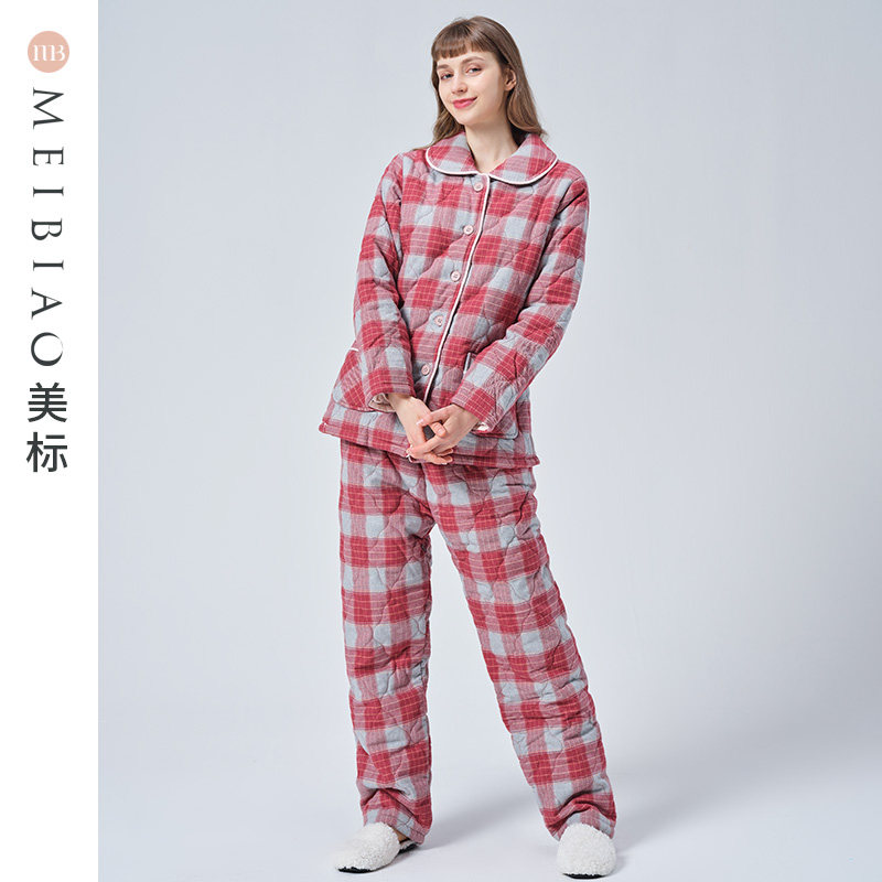 美标三层夹棉加厚保暖纯棉睡衣两件套装女秋冬全棉休闲格子家居服,淘宝优惠券,粉丝福利购,淘宝优惠卷