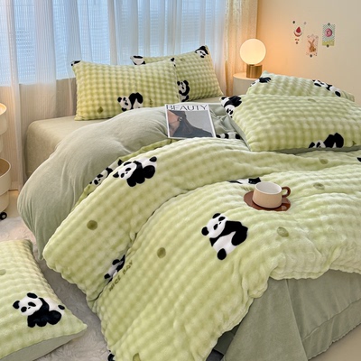 A【良品本色】高奢皮草绒印花四件套兔兔绒牛奶床品大泡泡四件套