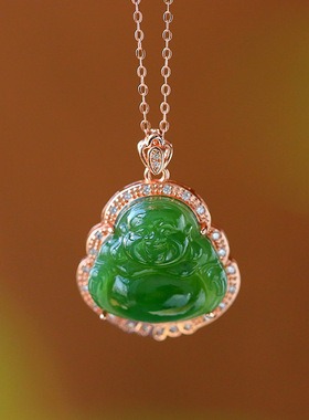 荟宝丽S925银镀金玫瑰金镶嵌碧玉佛公吊坠开朗大度高雅气质