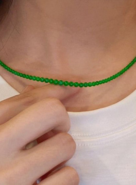 天然俄罗斯和田碧玉4mm小米珠项链锁骨链正阳绿菠菜绿显白小清新