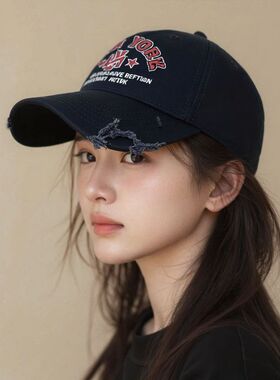 美式复古字母刺绣鸭舌帽女春夏季新款百搭大头围显脸小软顶棒球帽