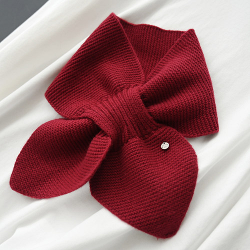 红色新年款 全羊毛交叉短款针织小围巾 女士秋冬保暖护颈百搭围脖 - 图1