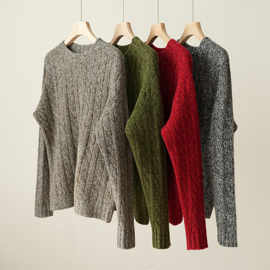 锭纺全羊毛 26支双股纱 女士圆领毛衣 花纱针织保暖打底 冬款