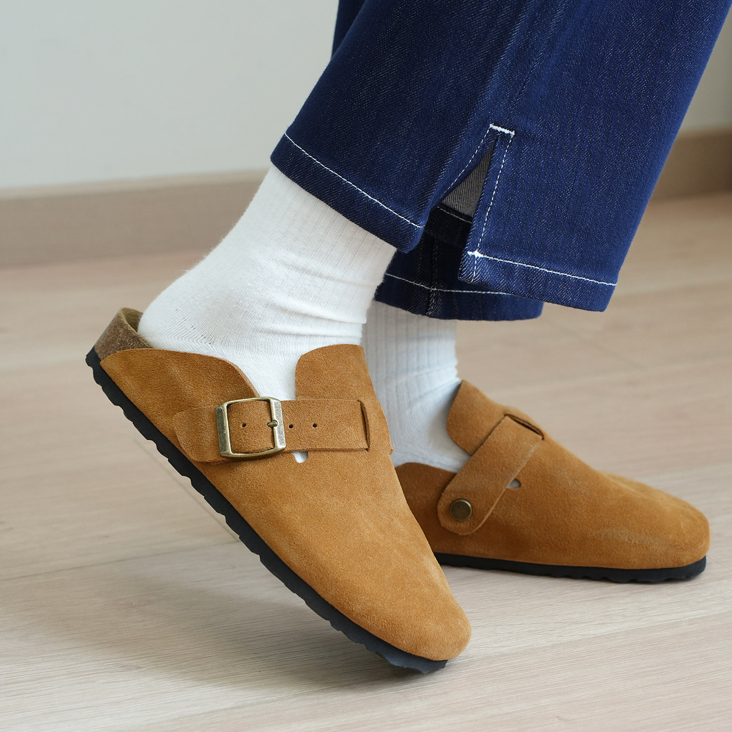 头层磨砂牛皮勃肯鞋 真皮牛反绒平底大头鞋 女士包头皮拖鞋k,淘宝优惠券,粉丝福利购,淘宝优惠卷