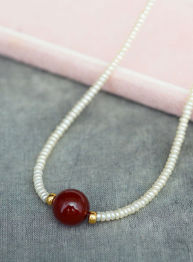 绝版日本天然海水珍珠米粒18K金纯金搭扣红玛瑙首饰项链复古个性