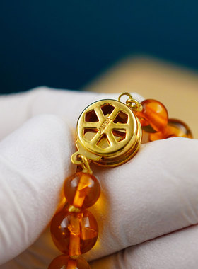 早期日本天然老琥珀蜜蜡项链手链首饰精美自然氧化色原盒全新收藏