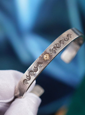 早期美国Arizona亚利桑那手工纯银K18纯金镶嵌首饰手镯艺术收藏