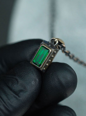 欧洲中古首饰Argent Gleam天然绿宝石镶嵌925纯银吊坠项链首饰