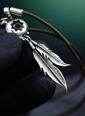 早期欧洲手工Sterling纯银双羽毛皮绳项链男士高阶个性挂坠首饰
