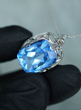 精美中古日本手工天蓝色海蓝水晶切割宝石项链纯银吊坠首饰送朋友