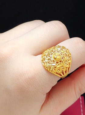 新款越南沙金仿黄金女戒指镀金婚庆道具女士食指开口大花朵戒指