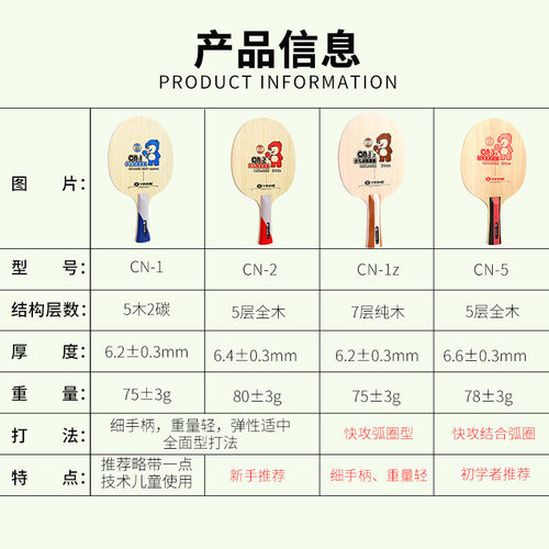 银河CN1乒乓球拍底板碳素CN2纯木少儿5儿童diy兵乓球板乒乓球单拍 - 图0