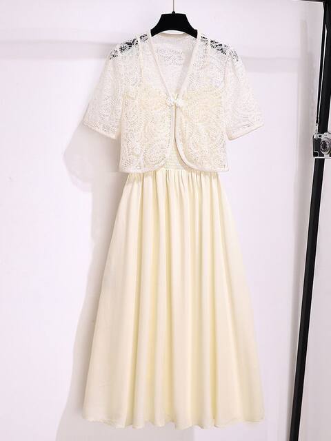 Cardigan lace hollow ຂອງແມ່ຍິງ summer ກັບ skirt suspender