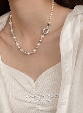 高级感真多麻灰珍珠混彩毛衣链