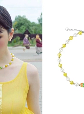 手工自制NCTdream李帝努/宣美同款珍珠琉璃向日葵黄色项链颈链小