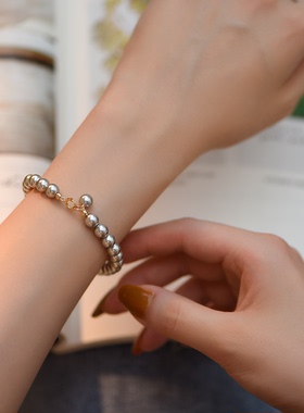 真多麻色正圆银灰色水晶珍珠手链