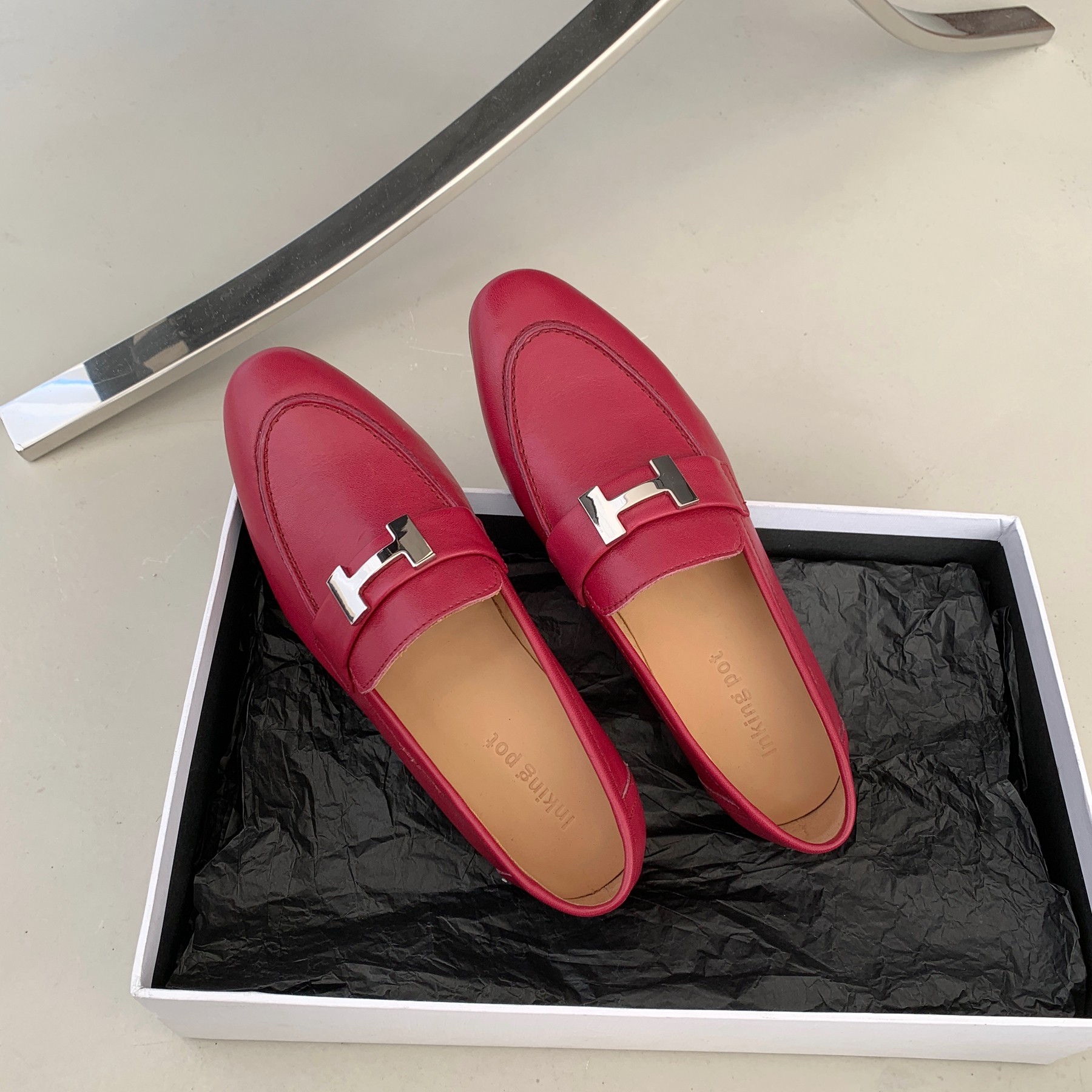 Inking Pot彭姐新款低跟圆头真皮单鞋乐福懒人鞋浆果色平跟皮鞋女,淘宝优惠券,粉丝福利购,淘宝优惠卷