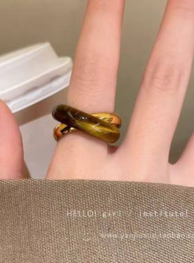 复古双环虎眼石戒指女小众