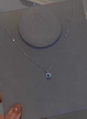 蓝色小方糖吊坠项链女高级感