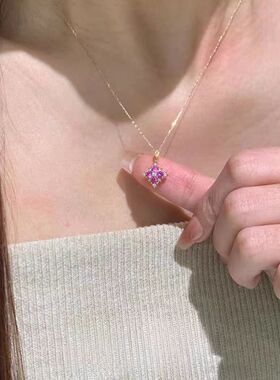 粉色闪钻四叶草项链戒指女套