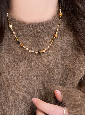 美拉德串珠天然石项链女气质百搭焦糖色锁骨链法式复古精致毛衣链