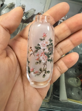 天然水晶内画鼻烟壶手工绘画花鸟图中式文玩收藏摆件