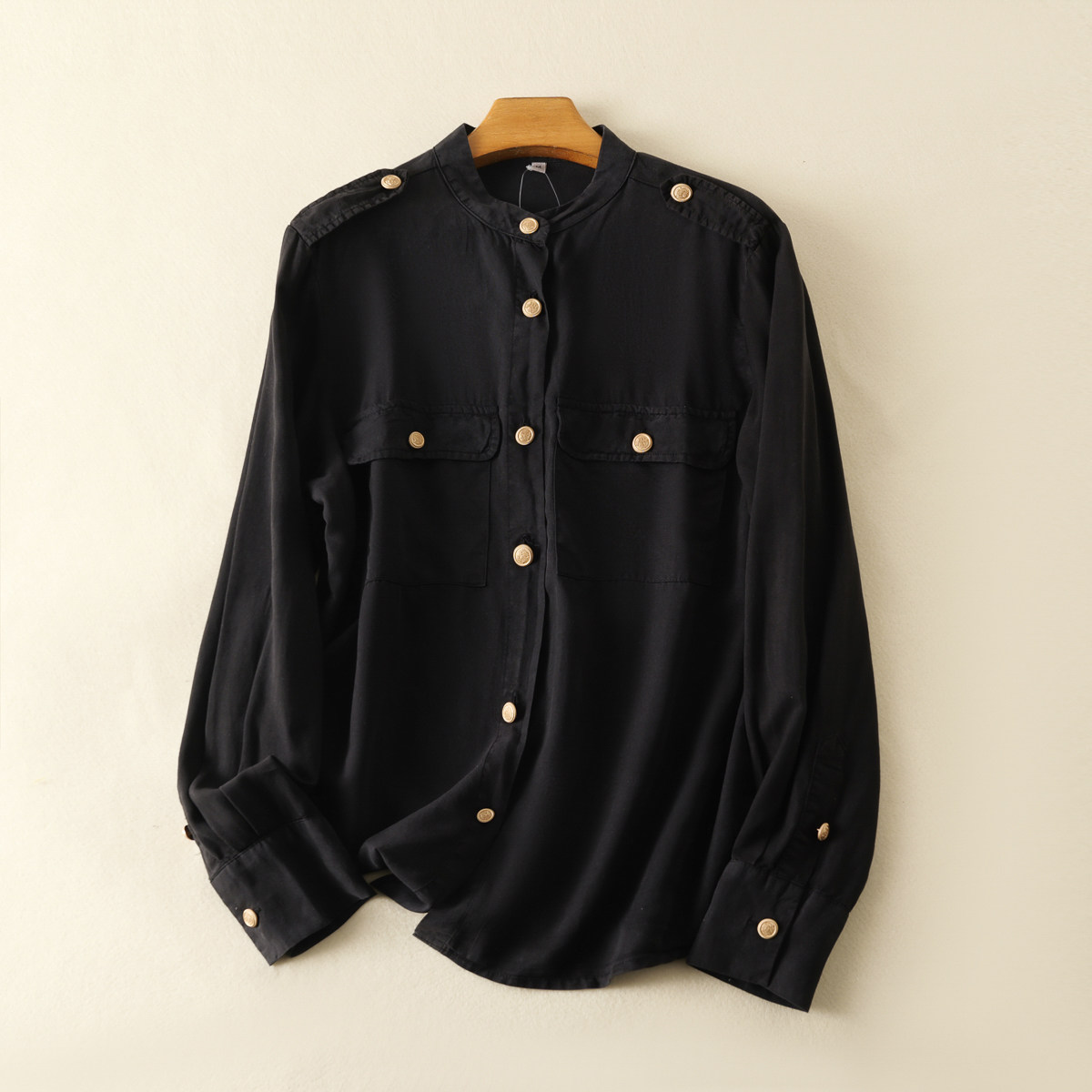 千金系春秋款时尚休闲立领天丝衬衫女百搭显瘦单排扣肩章洋气衬衣,淘宝优惠券,粉丝福利购,淘宝优惠卷