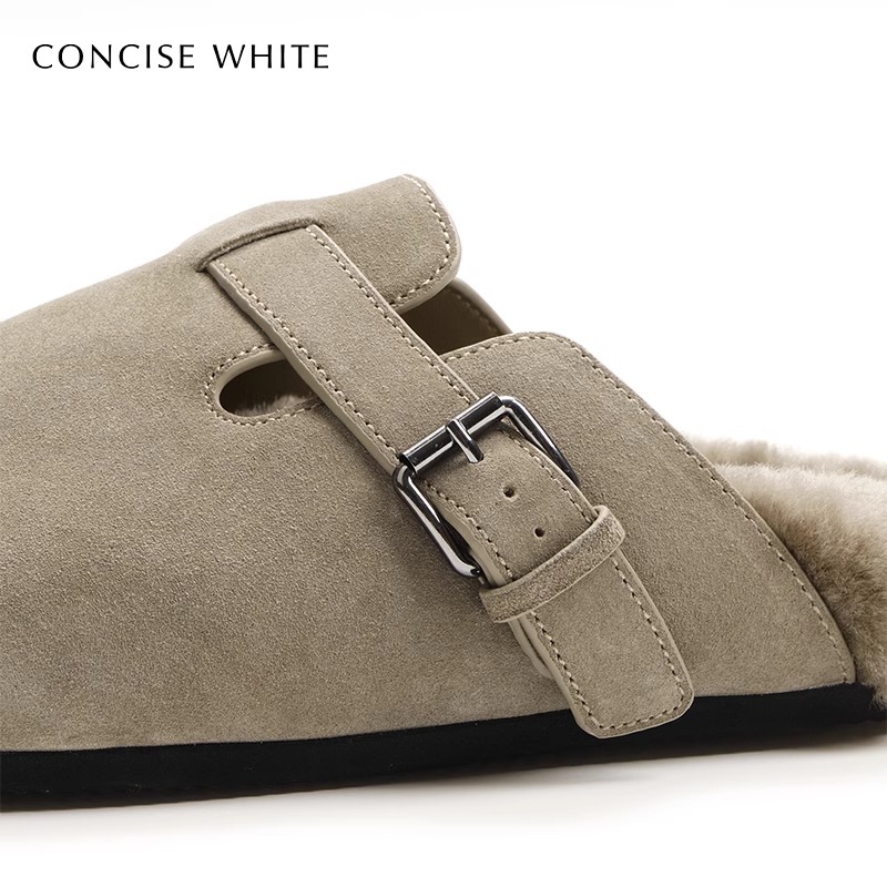 concise-white/简白 24AW系列女士圆头勃肯毛拖鞋银泰百货301257 - 图2