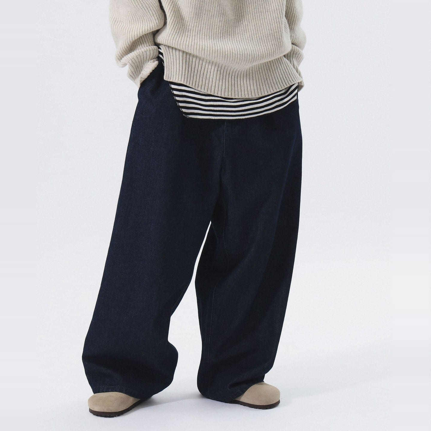 日单2025秋季新款松紧高腰宽松阔腿牛仔裤 小野人联名款BEAMS BOY - 图1