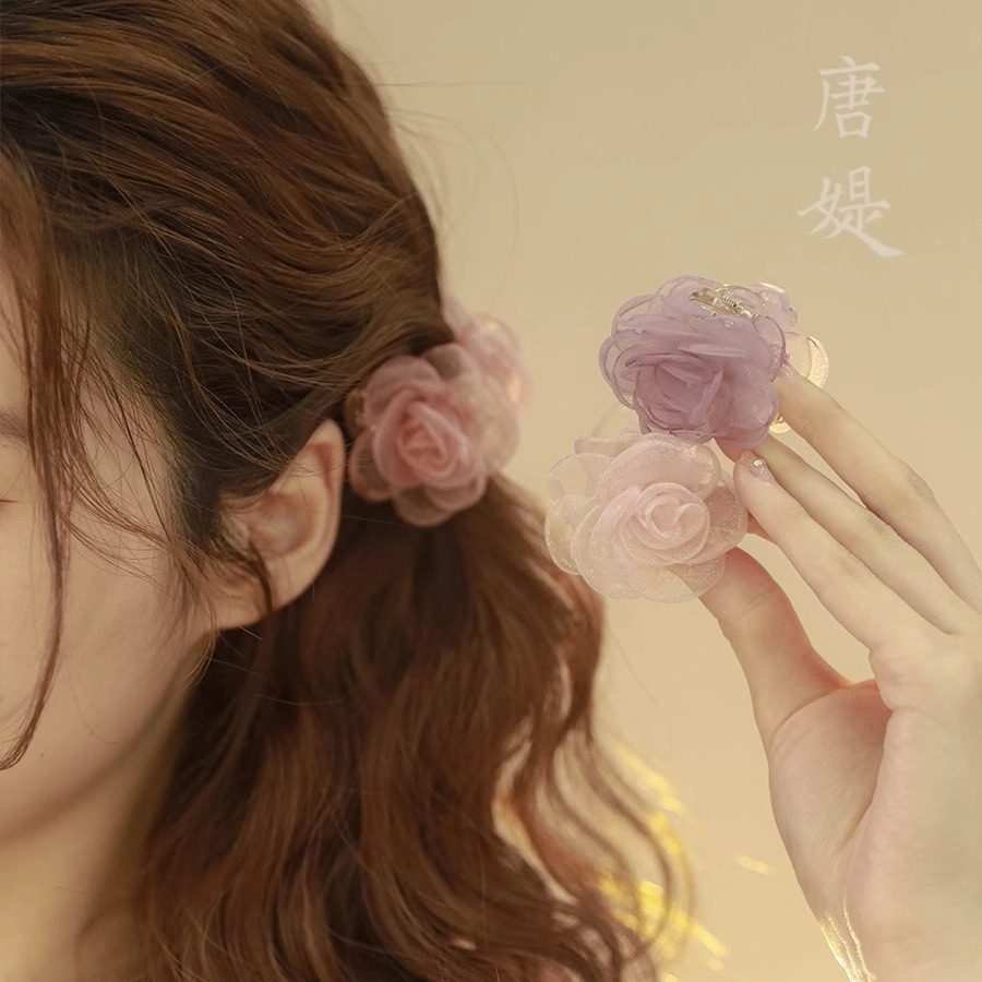 超仙网纱花朵刘海小抓夹2025新款高级感山茶花夹子头饰新中式发夹,淘宝优惠券,粉丝福利购,淘宝优惠卷